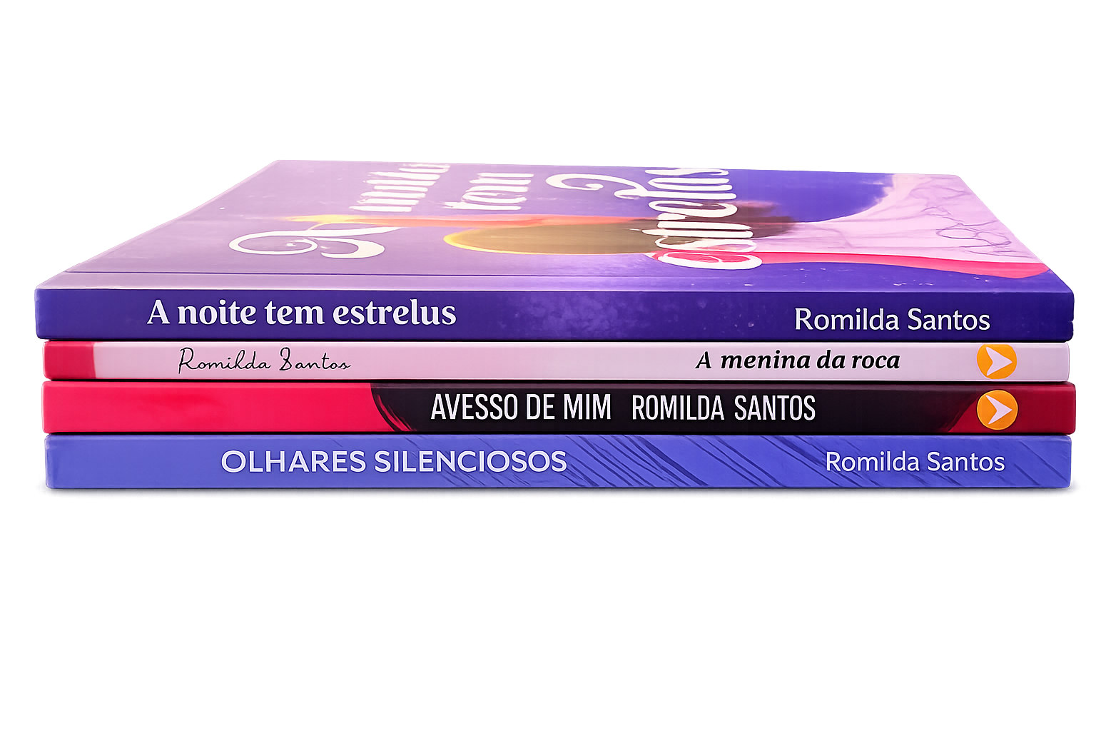 Livros de Romilda Santos empilhados: A noite tem estrelas, A menina da roça, Avesso de mim e Olhares silenciosos